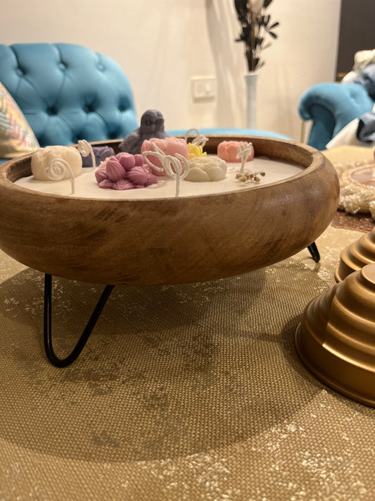 Large Wooden Bowl with Metal Legs Adorned with Nature Elements